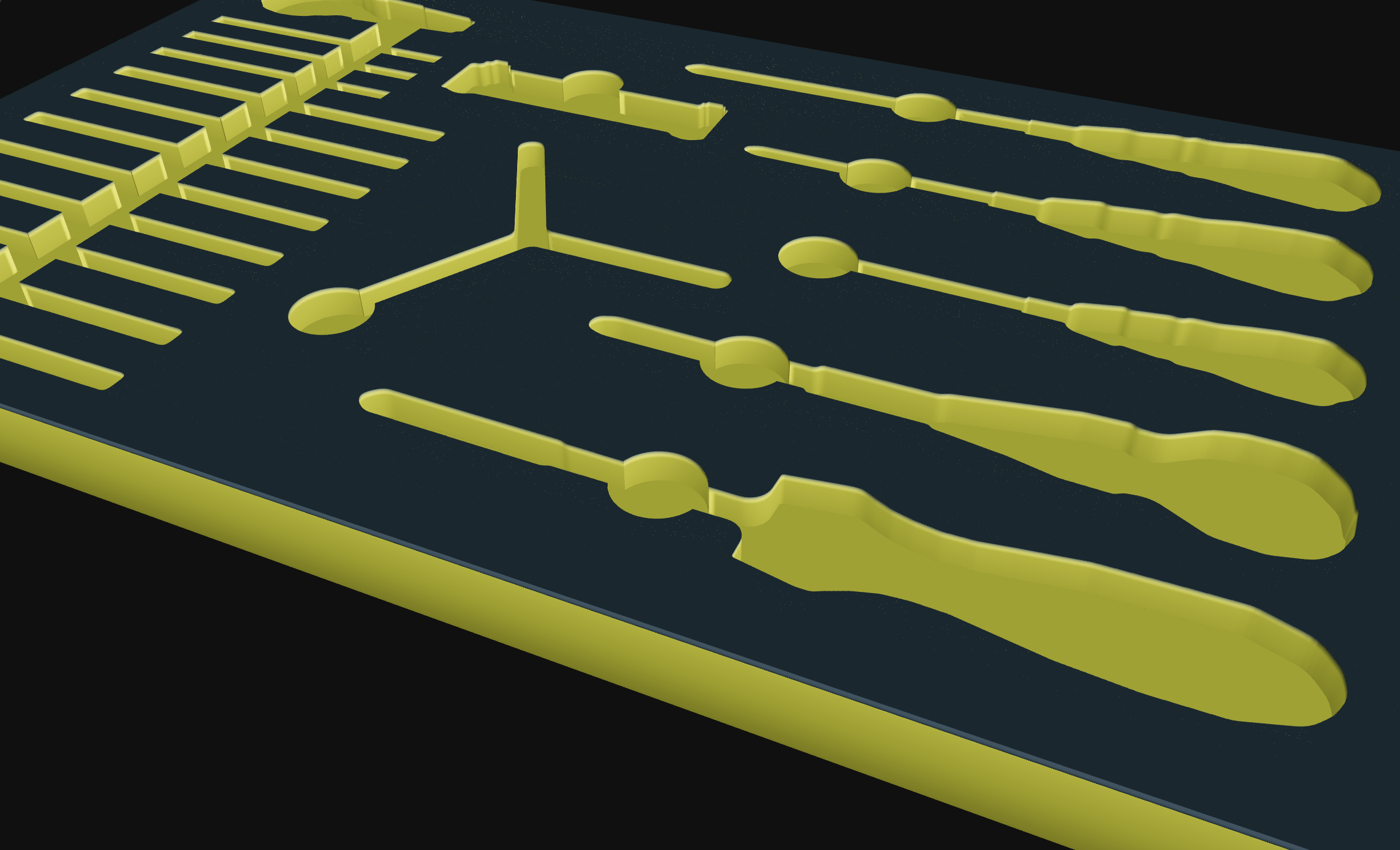 3D render of the same foam drawer insert in yellow foam.