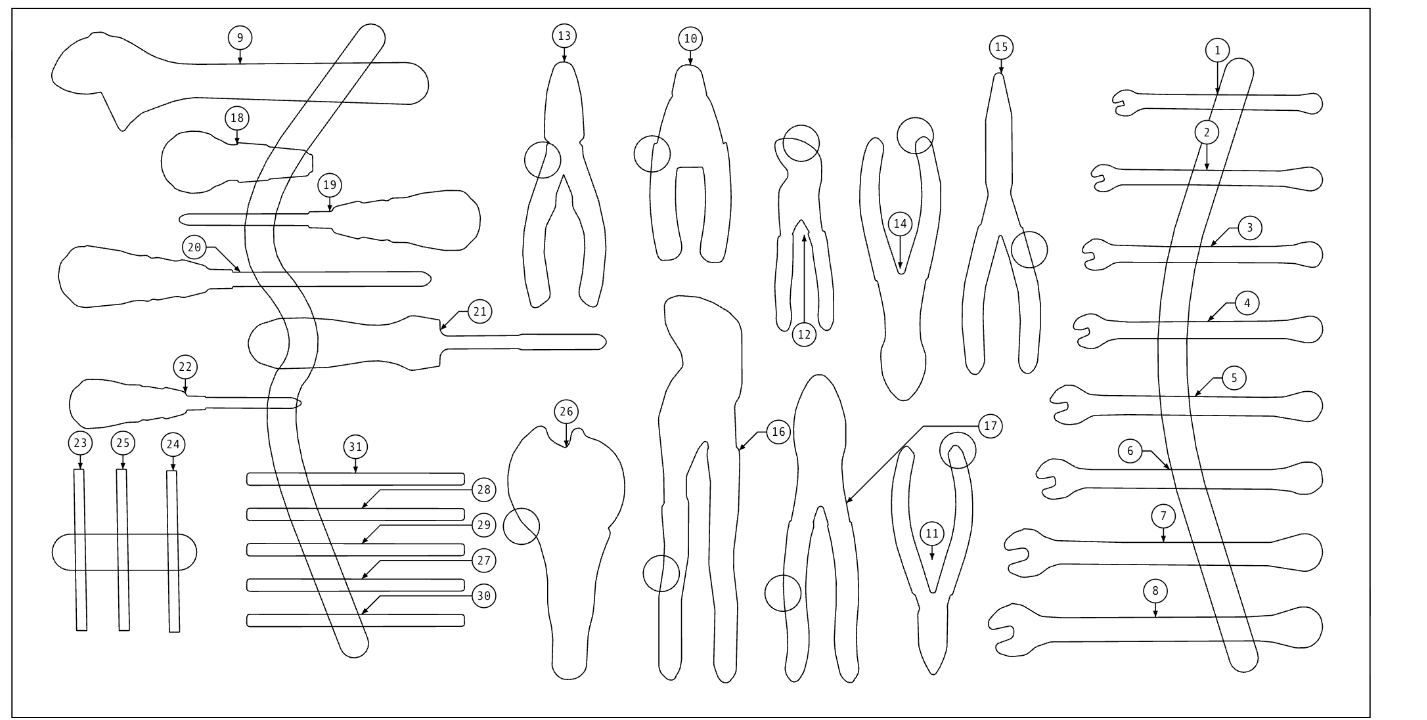 An ANSI-B shop drawing of a tool drawer with numbered balloon callouts on every tool.