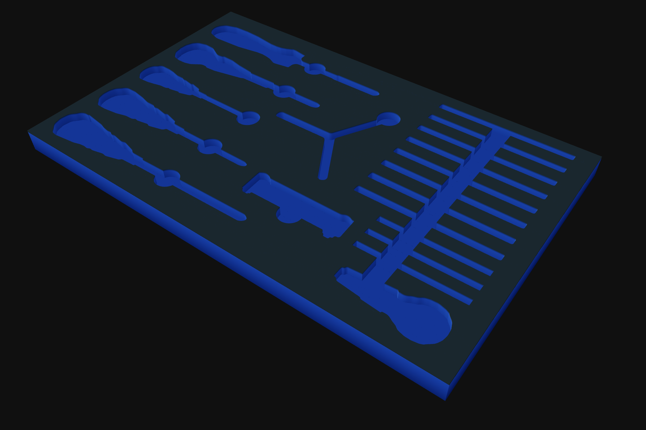 3D render of a foam drawer insert with tool pockets in blue foam.